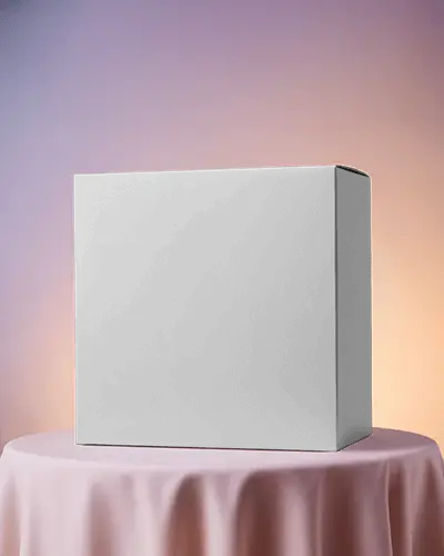 Box Mockup On Round Draped Podium With Purple Orange Gradient Background