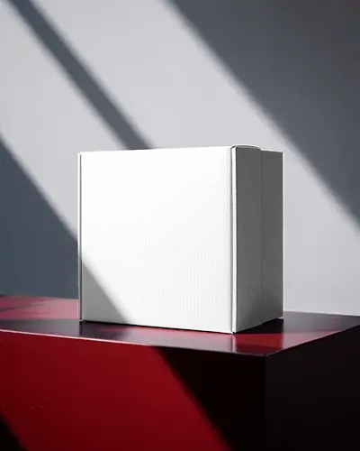 Front Facing Mailer Box Mockup In Harsh Sunlight Casting Sharp Shadows On Red Podium