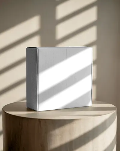 Mailer Box Mockup On Wooden Podium With Window Shadow Lines Soft Warm Lighting Effect