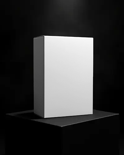 Box Mockup On Black Platform With Spotlight High Contrast Dramatic Brand Display