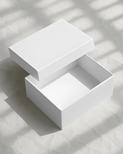 Open Lid Box Mockup In Sunlit Marble Setting With Realistic Shadows And Clean Minimal Top Angle View