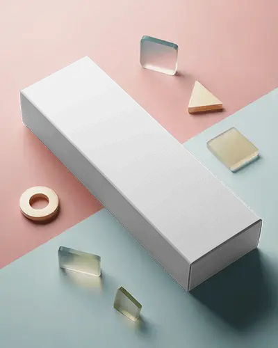 Long Thin Box Mockup Placed Diagonally With Translucent Shapes On Bicolor Creative Floor