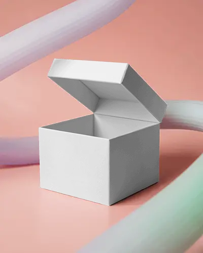 Open Cube Box Mockup On Smooth Pink Surface With Glossy Gradient Tube 3d Decor Elements