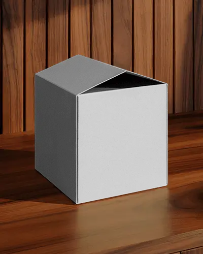 Open Cube Box Mockup Wood Panel Background Soft Light Shadow Modern Unboxing Scene