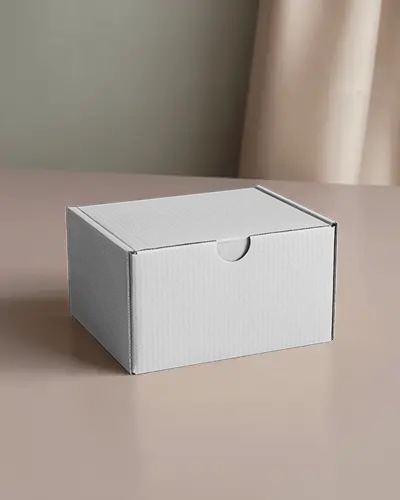 Front Mailing Box Mockup Curtain Backdrop Neutral Light Textured Cardboard Minimal Shadow