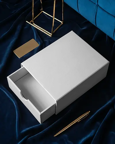 Luxury Drawer Style Box Mockup On Velvet Surface With Golden Pen And Card In Stylish Setting