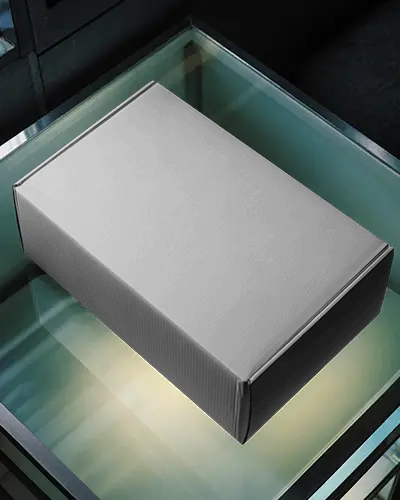 Premium Cardboard Box Mockup On Glass Table With Modern Reflection And Minimalist Design