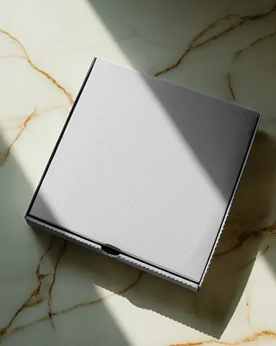 Cardboard Pizza Box Mockup On Marble Surface With Sunlight And Shadows For Luxury Branding
