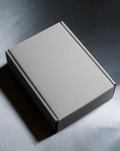 Sleek Cardboard Box Mockup On Metallic Surface With Shadow Play For Premium Product Showcase