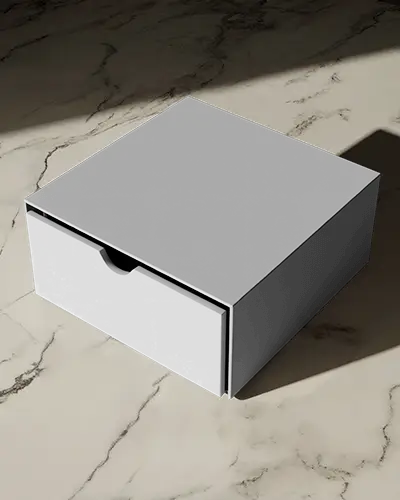 Drawer Style Box Mockup On Marble Floor With Strong Shadows For Premium Packaging Presentation