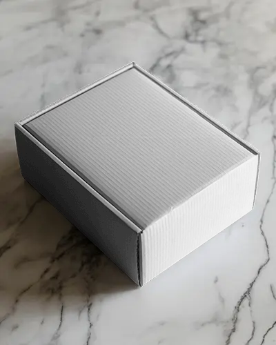 Cardboard Box Mockup On White Marble Surface With Soft Natural Lighting For Premium Style