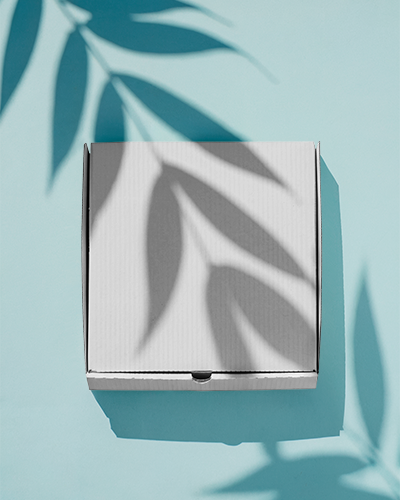 Flat Lay Pizza Box Mockup On Light Blue Surface With Natural Leaf Shadows For Minimal Styling