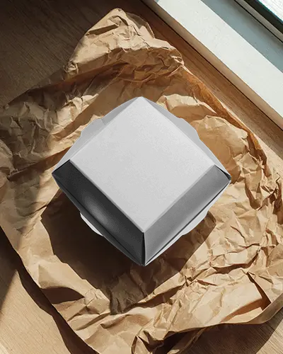 Burger Box Mockup On Crumpled Brown Paper With Natural Sunlight For Organic Branding