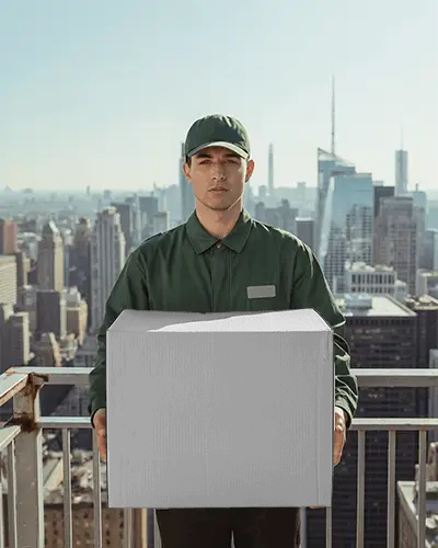 Courier With Big Box Mockup City Rooftop Ready For Parcel Delivery And Logistics Use