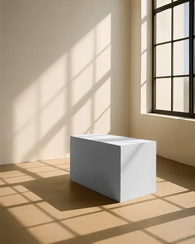 Modern Simple Box Mockup At Stylish Empty Room Illuminated By Large Grid Window Light
