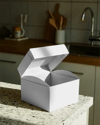 Open Top Gift Box Mockup On Counter Modern Kitchen Background For Branding