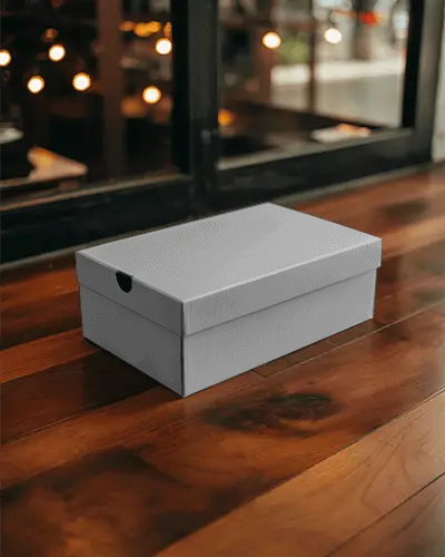 Minimalist Closed Shoe Box Mockup With Clean Texture On Wood Table Outdoor Setting