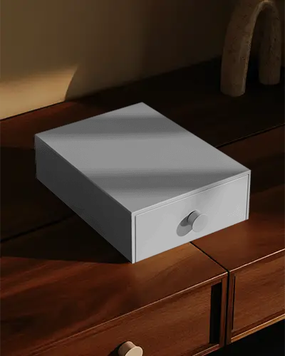 Sleek Modern Minimalist Drawer Box Mockup On Wooden Surface For Home And Office Storage