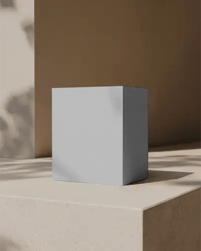 Minimalist Product Packaging Box Mockup On Solid Pedestal With Subtle Shadow Effects