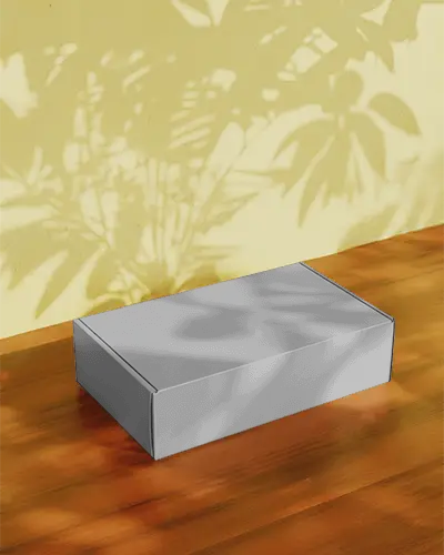 Minimalistic Flat Packaging Box Mockup On Wooden Table With Light And Shadow Play