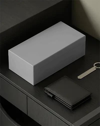 Sleek Modern Rectangular Box Mockup On Dark Wooden Surface For Branding Presentation