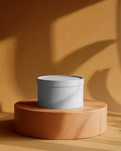 Round Lid Box Packaging Mockup For Luxury Cosmetics Or Gourmet Products On Wooden Platform