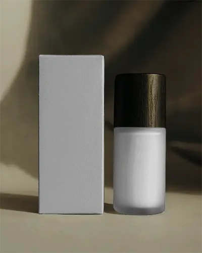 Luxury Cosmetic Packaging Mockup Set In Modern Glass Bottle With Natural Wood Closure And Box