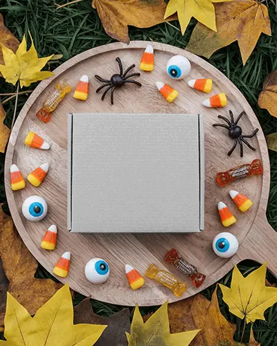Halloween Themed Box Mockup With Candy Eyeballs Spiders And Autumn Leaves Around