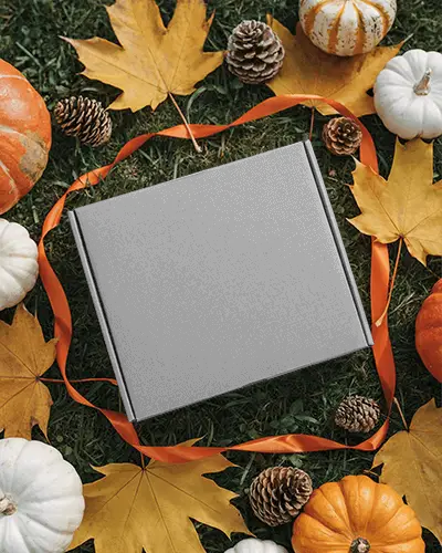 Halloween Gift Box Mockup With Pinecones And Autumn Leaves On Grass Background