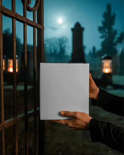 Spooky Halloween Gift Box Mockup In Creepy Nighttime Cemetery Setting With Moonlight
