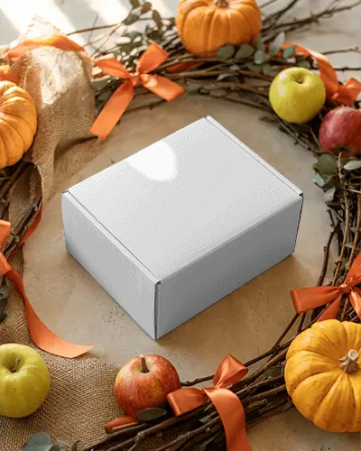 Halloween Gift Box Mockup In Fall Themed Wreath With Pumpkins Apples And Orange Ribbons