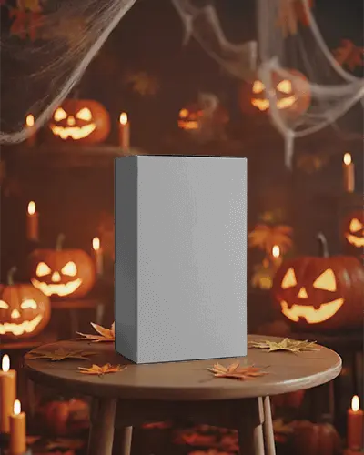 Festive Halloween Mockup With Scary Carved Pumpkins And Glowing Candles Around Box