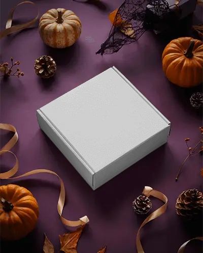 Spooky Halloween Gift Box Mockup With Pinecones Pumpkins And Ribbons For Festive Presents