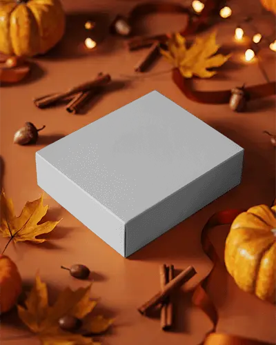 Halloween Gift Box Mockup With Autumn Leaves Acorns Pumpkins And Cinnamon Sticks