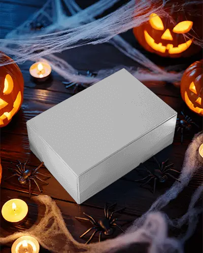 Spooky Halloween Box Mockup With Jack O Lanterns Spiders And Candles In Dark Setting