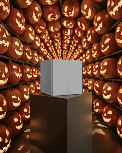 Spooky Halloween Box Mockup On Pedestal With Rows Of Carved Pumpkins