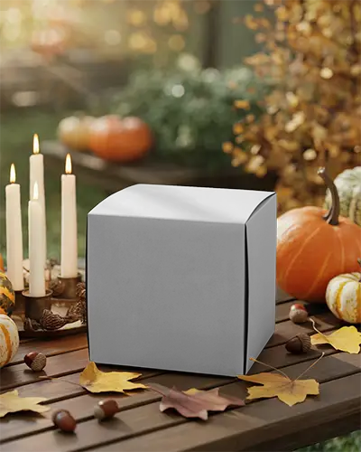 Minimalist Halloween Box Mockup On Wooden Table With Autumn Leaves And Candles Display