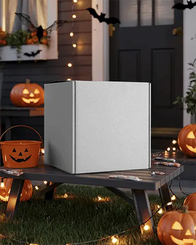 Spooky Halloween Box Mockup Decor With Pumpkins Jack O Lanterns And String Lights