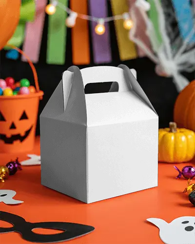 Spooky Halloween Party Gift Box Mockup Surrounded By Festive Decorations And Candy