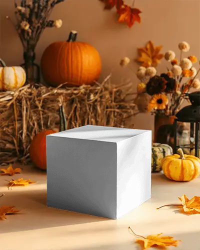 Spooky Halloween Box Mockup On Harvest Decoration With Pumpkins And Fall Leaves