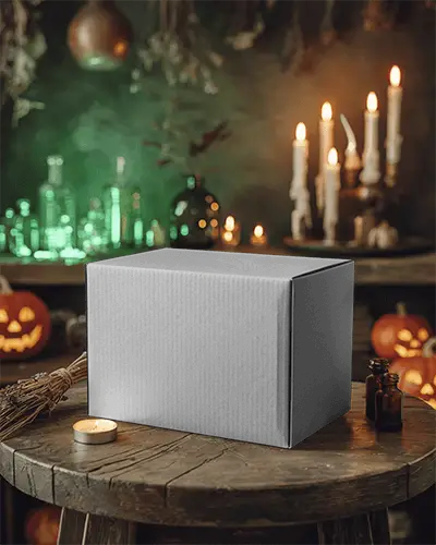 Spooky Halloween Box Mockup On Wooden Table With Glowing Jackolanterns And Candles