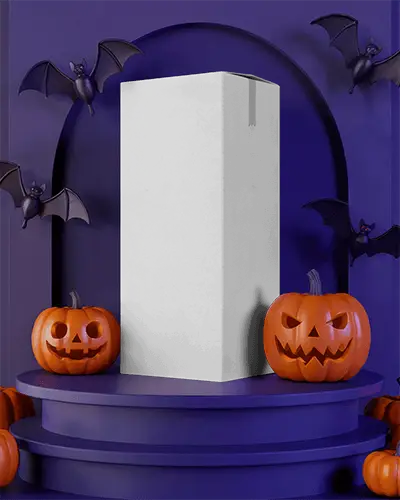 Spooky Halloween Box Mockup With Pumpkins And Bats Perfect For Seasonal Presentations