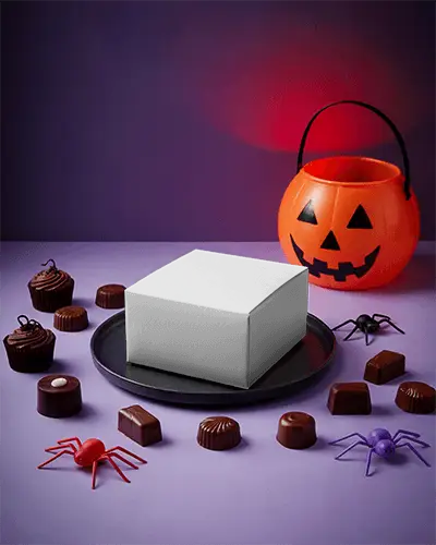 Halloween Candy Spread With Mockup Box And Jack O Lantern Bucket On Purple Background
