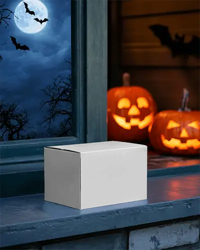Spooky Halloween Box Mockup Night Full Moon Bats Jack O Lanterns Package On Window Ledge