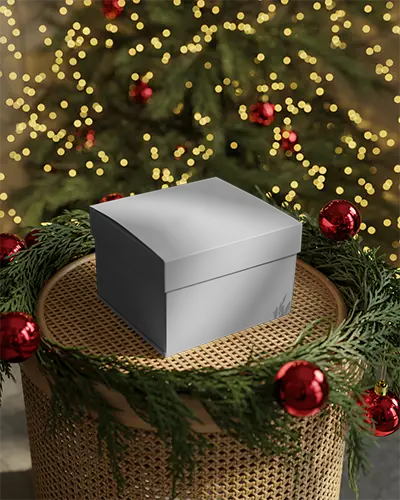 Premium Christmas Gift Box Mockup On Festive Holiday Decor Background For Branding