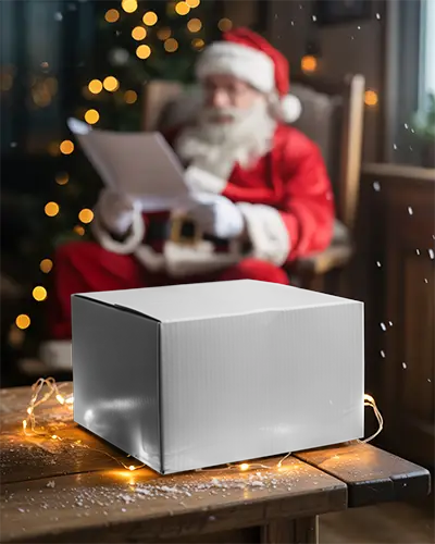 Festive Christmas Gift Box Mockup On Wooden Table With Santa Claus And Lights Background