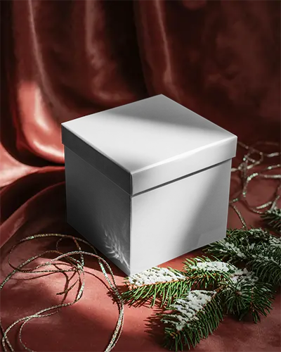 Seasonal Gift Packaging Mockup On Textured Fabric Background With Winter Greenery