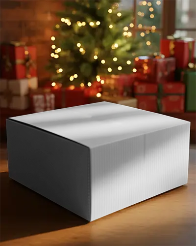 Holiday Gift Box Mockup On Wooden Table With Christmas Tree And Decorative Lights