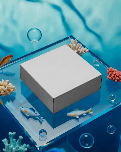 Premium Packaging Box Mockup In Aquatic Themed Setting With Crystal Clear Acrylic Base