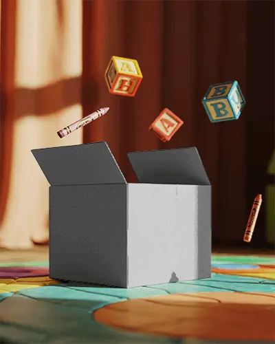 Kids Toy Storage Box Mockup With Creative Floating Crayons And Educational Alphabet Blocks